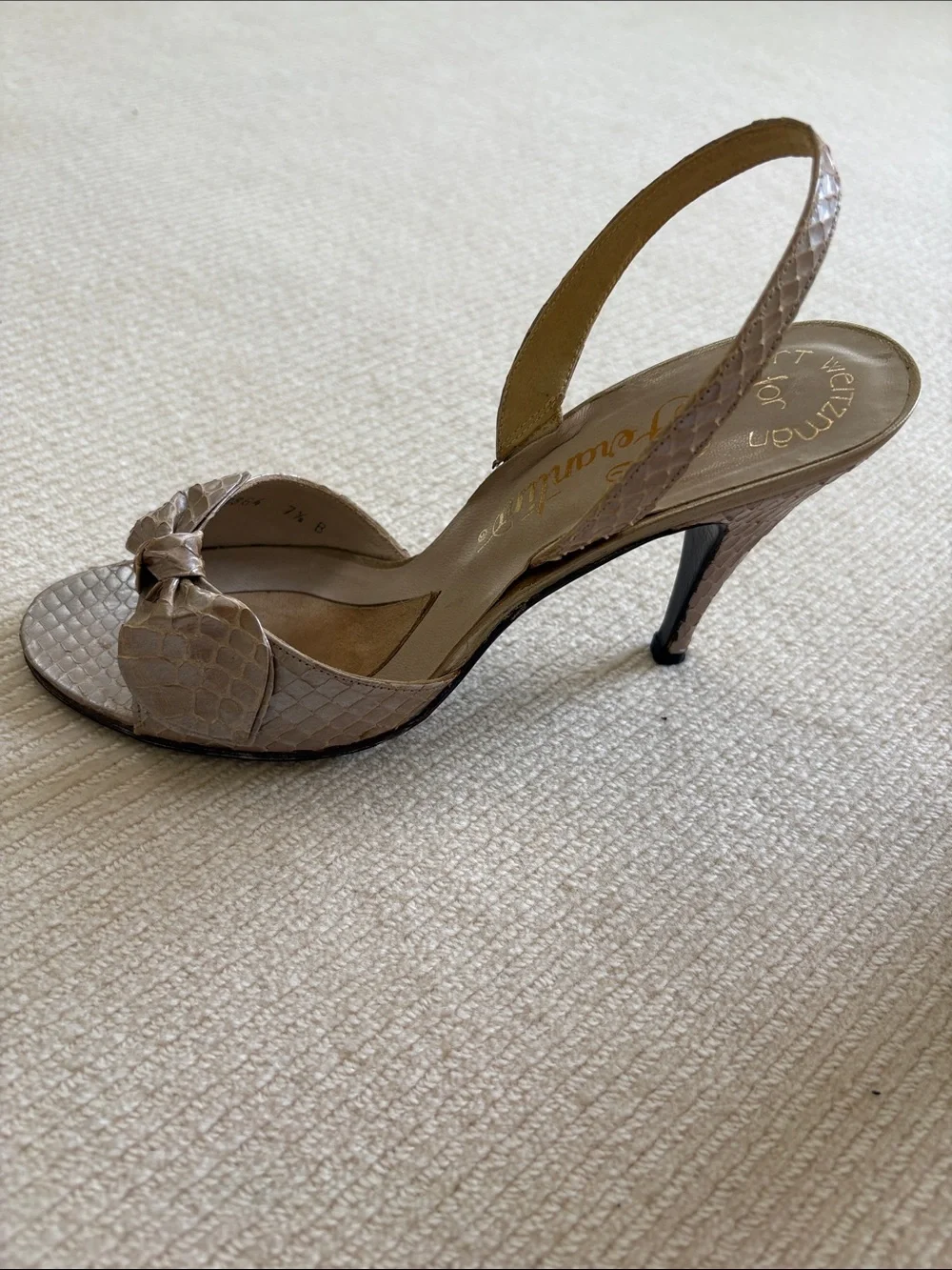 Stuart Weitzman Metallic Taupe Snake-Embossed Slingback Heels